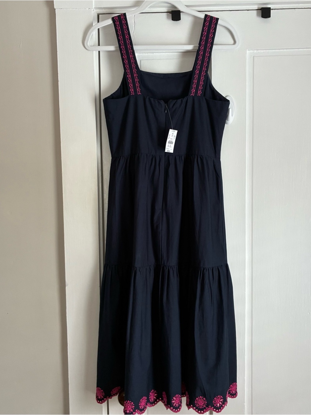 J. Crew NWT Dress - midi tiered navy with pink embroidery- size 0 - Picture 4 of 7